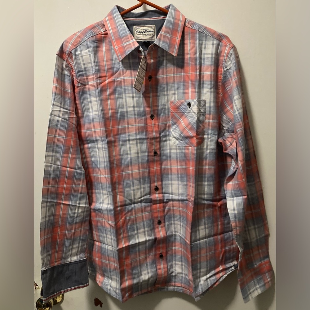 Men’s Casual Plaid Button-Down Long Sleeve Shirt 100% Cotton Pink Purple White